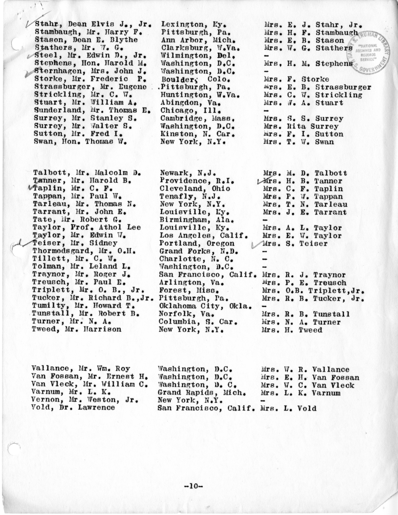 Daily Appointment Sheet for President Harry S. Truman