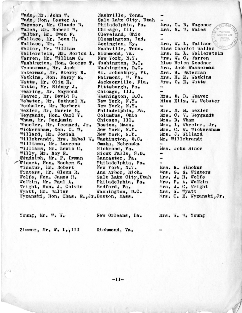 Daily Appointment Sheet for President Harry S. Truman