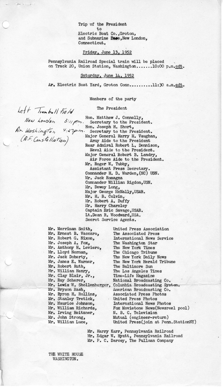 Itinerary and List of the President's Party for President Harry S. Truman's Trip to Connecticut