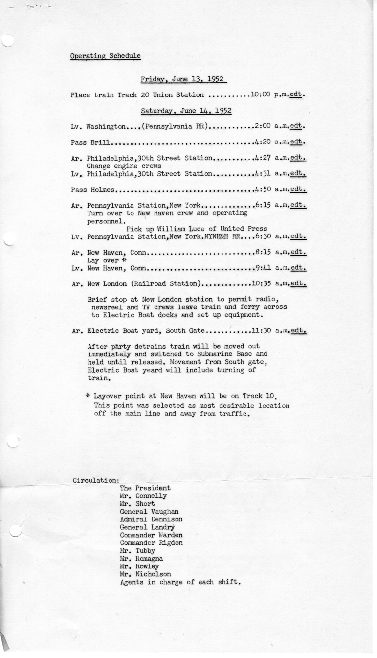 Itinerary and List of the President's Party for President Harry S. Truman's Trip to Connecticut