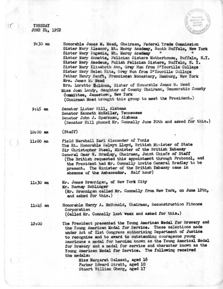 Daily Appointment Sheet for President Harry S. Truman