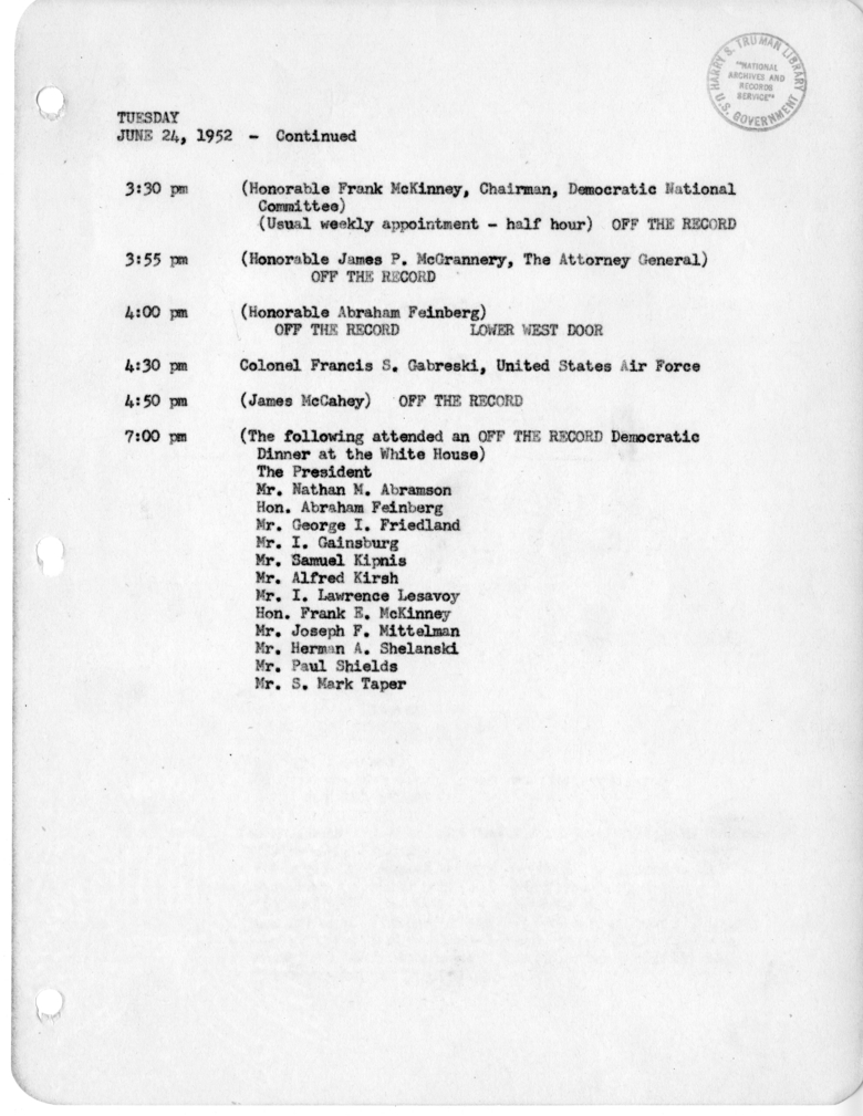 Daily Appointment Sheet for President Harry S. Truman