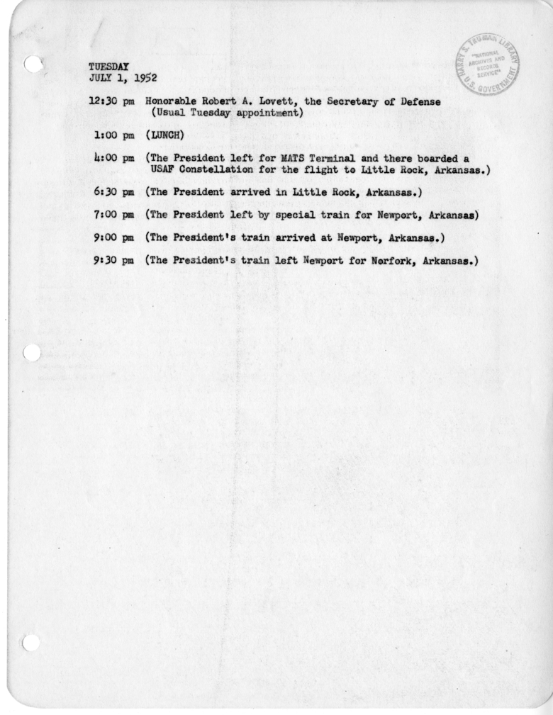 Daily Appointment Sheet for President Harry S. Truman