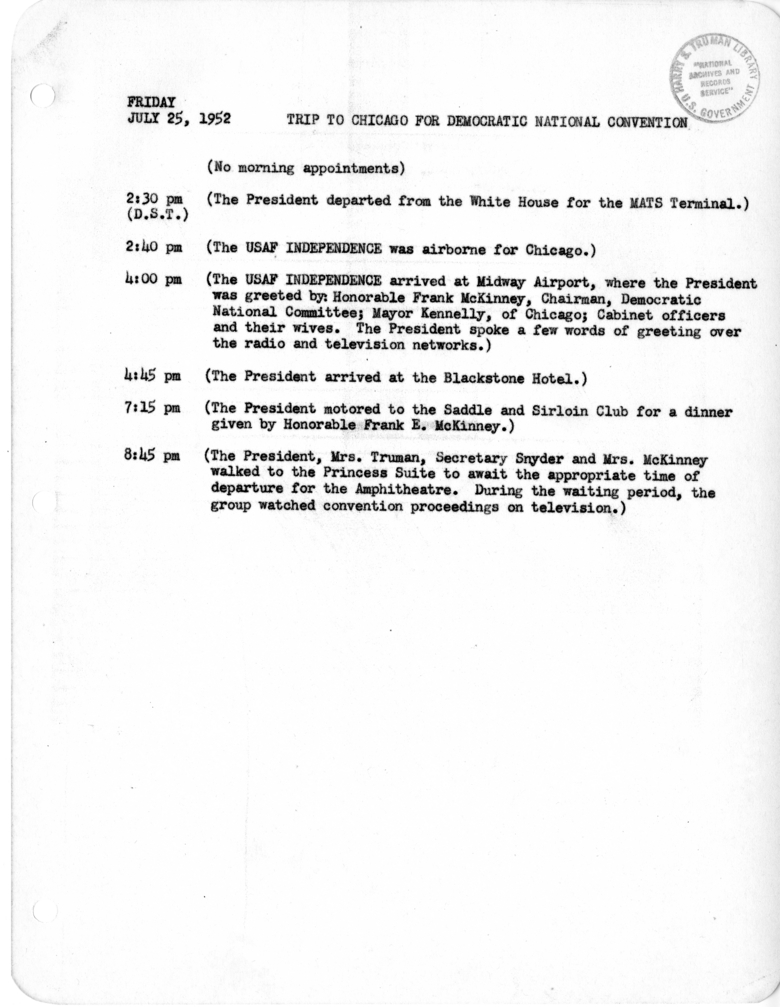 Daily Appointment Sheet for President Harry S. Truman