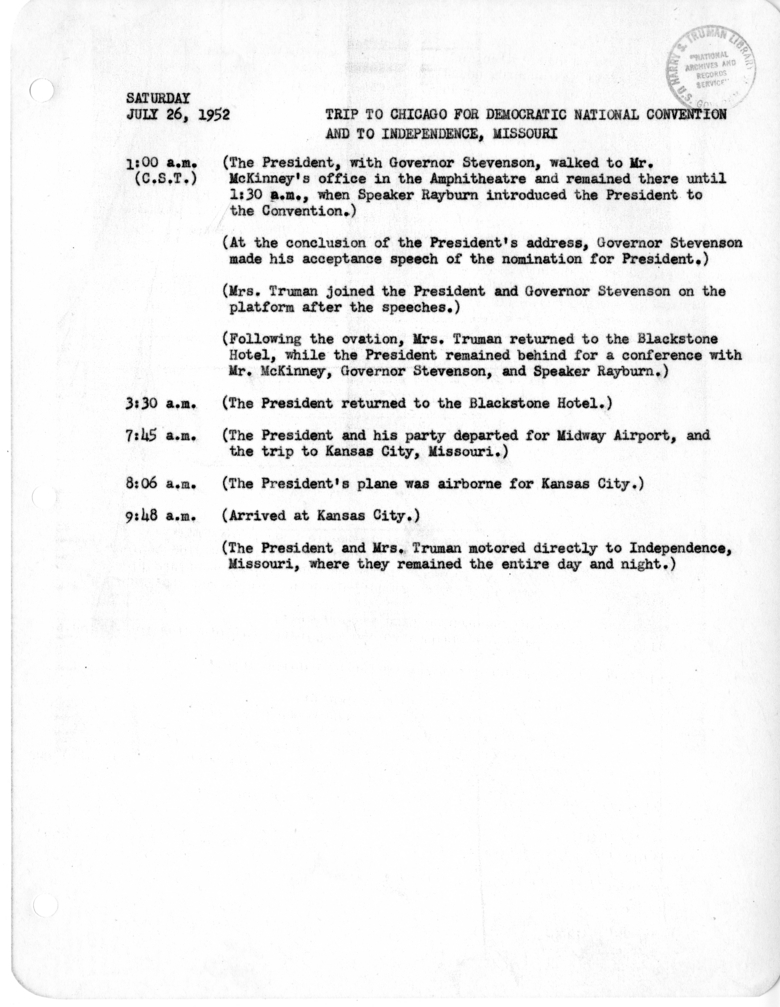 Daily Appointment Sheet for President Harry S. Truman