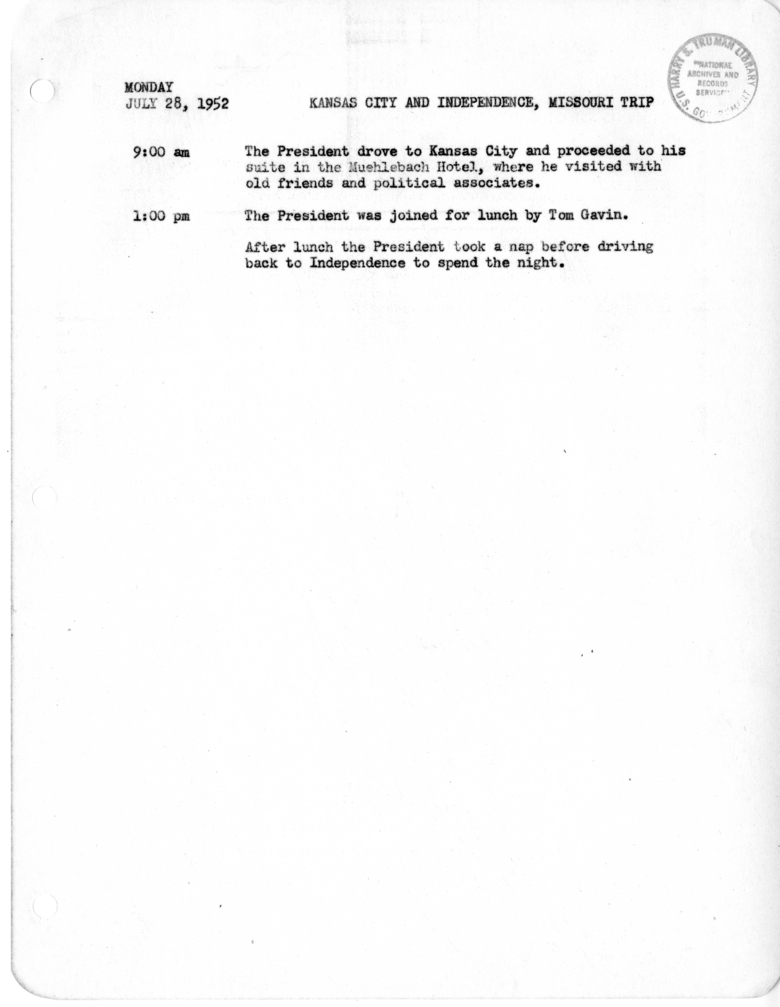 Daily Appointment Sheet for President Harry S. Truman