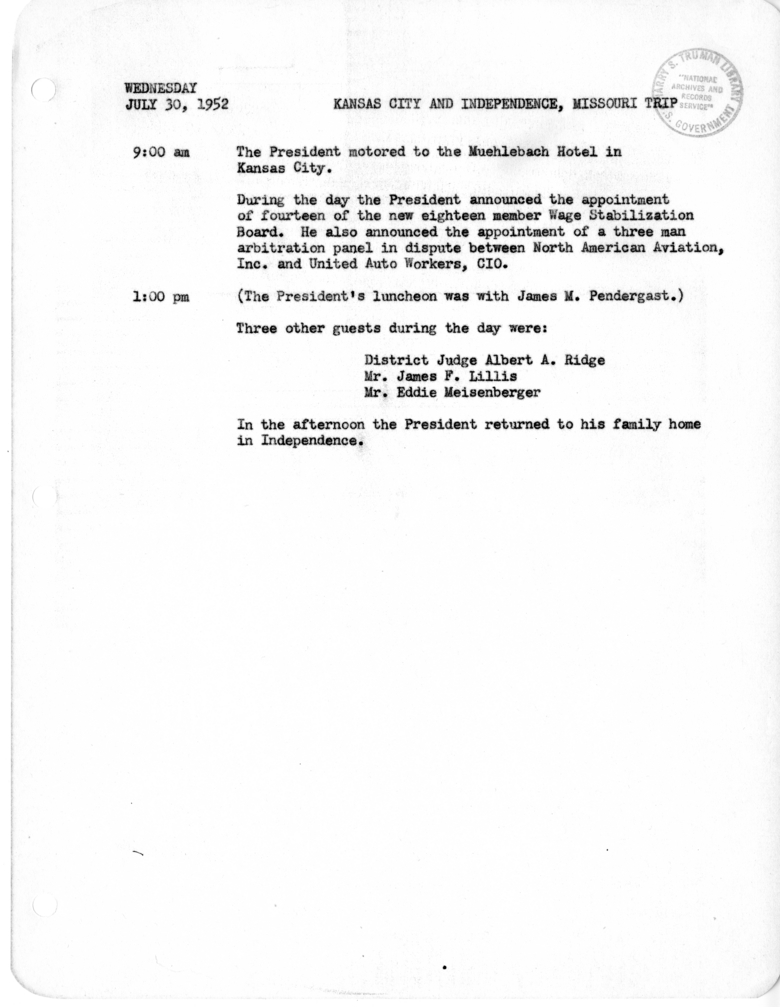 Daily Appointment Sheet for President Harry S. Truman