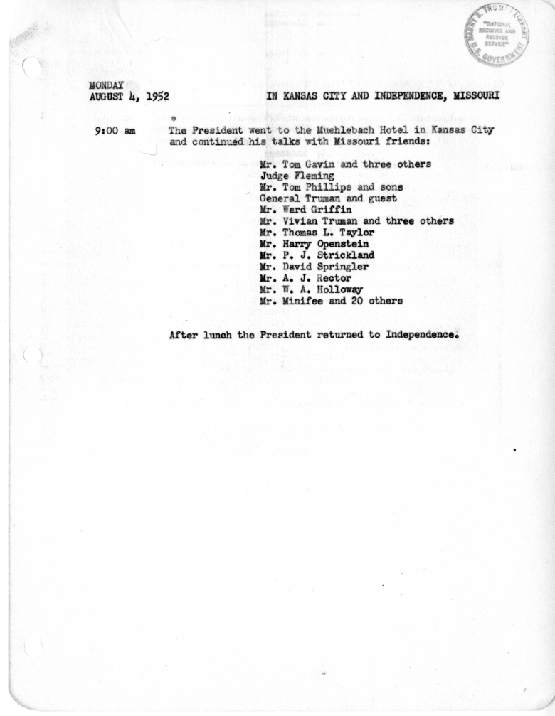 Daily Appointment Sheet for President Harry S. Truman