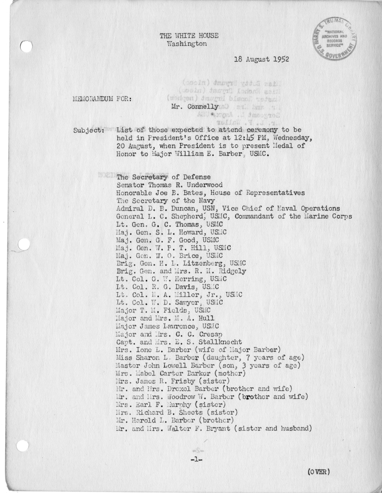 Daily Appointment Sheet for President Harry S. Truman