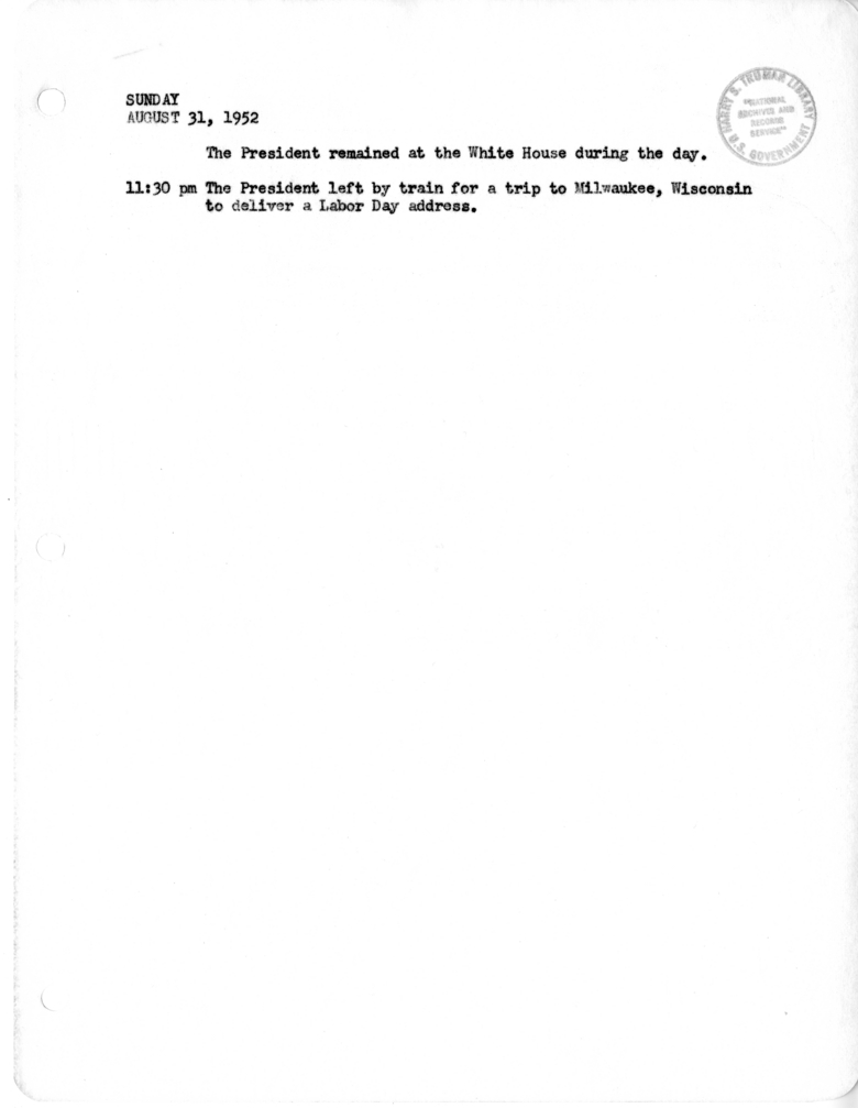 Daily Appointment Sheet for President Harry S. Truman