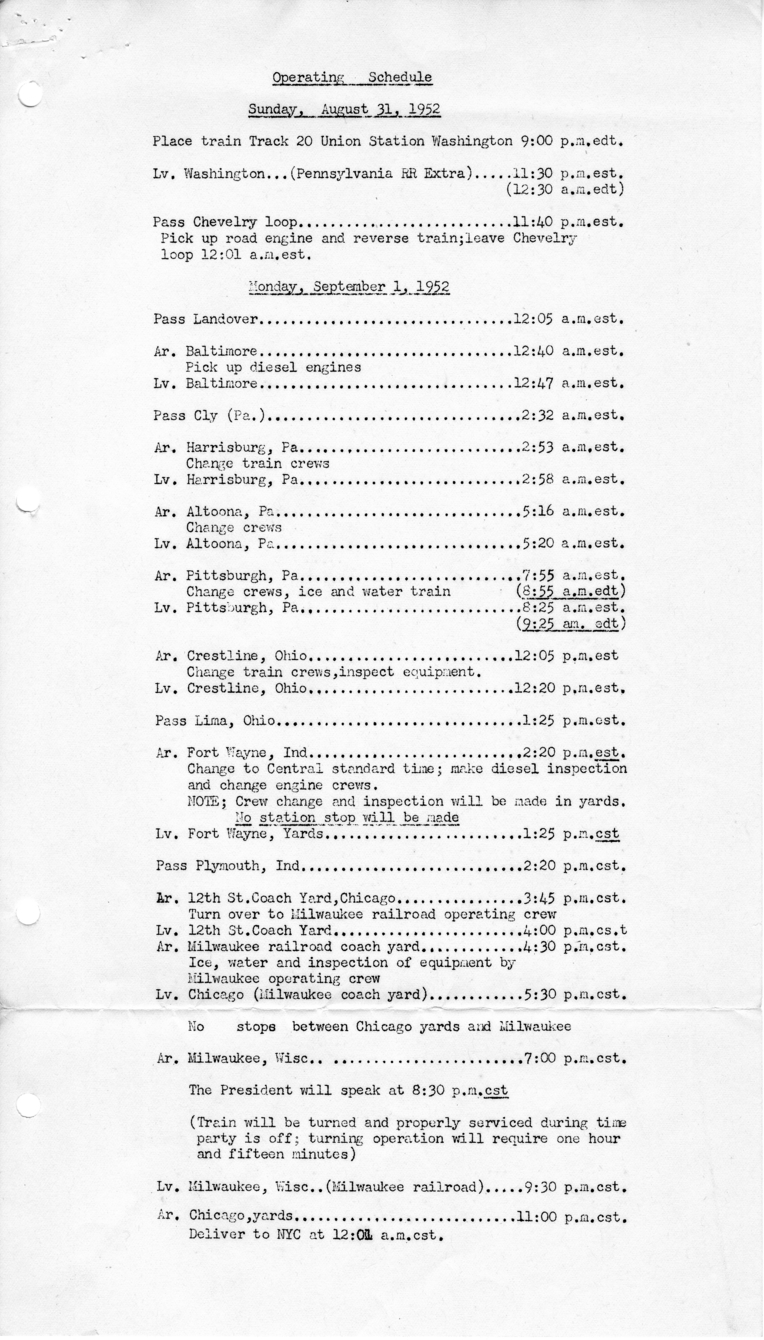 Itinerary and Presidential Party for President Harry S. Truman's Trip Wisconsin