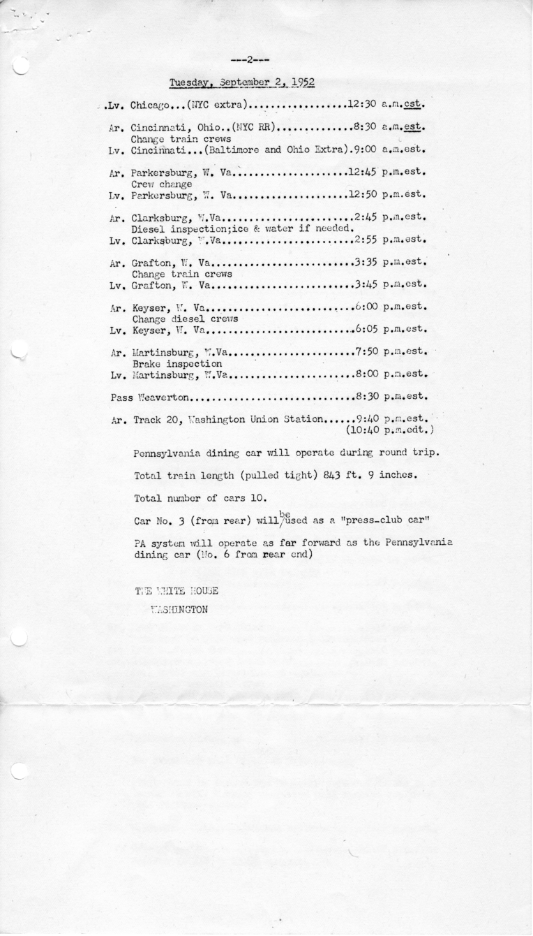 Itinerary and Presidential Party for President Harry S. Truman's Trip Wisconsin