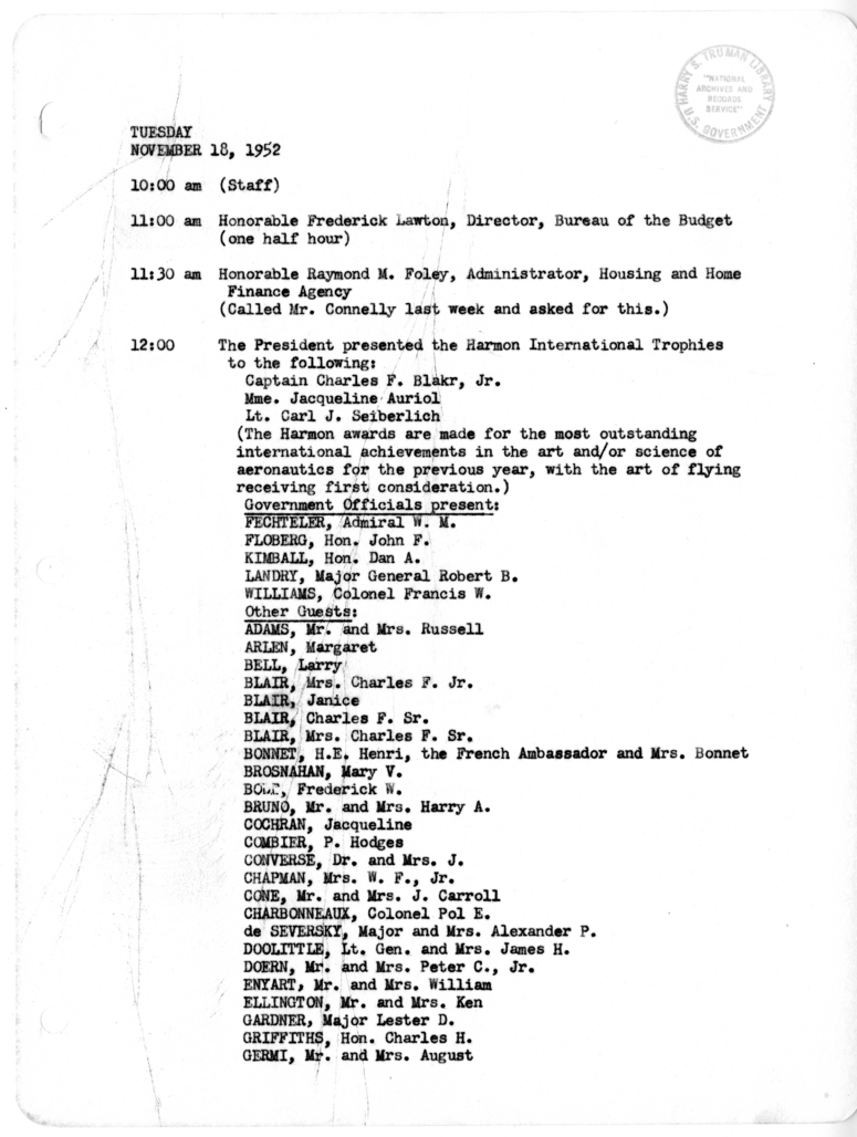 Daily Appointment Sheet for President Harry S. Truman