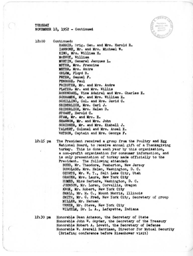 Daily Appointment Sheet for President Harry S. Truman