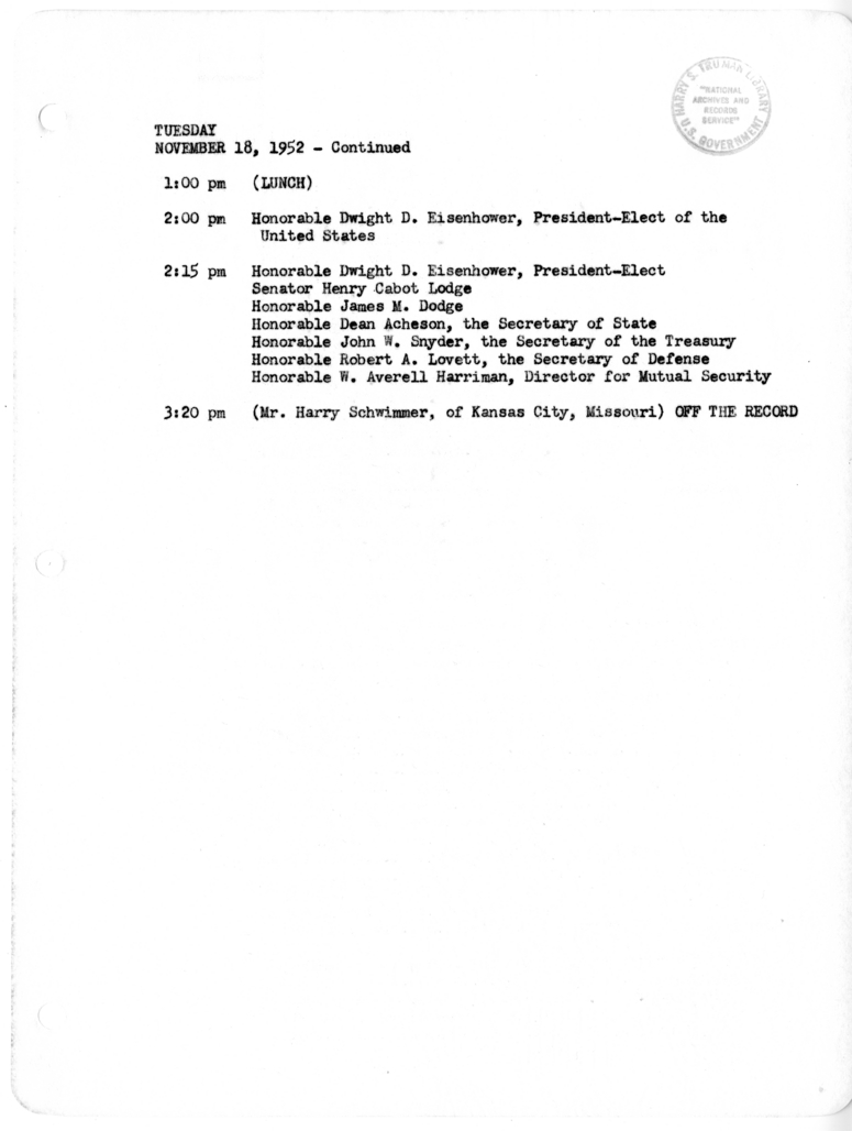 Daily Appointment Sheet for President Harry S. Truman