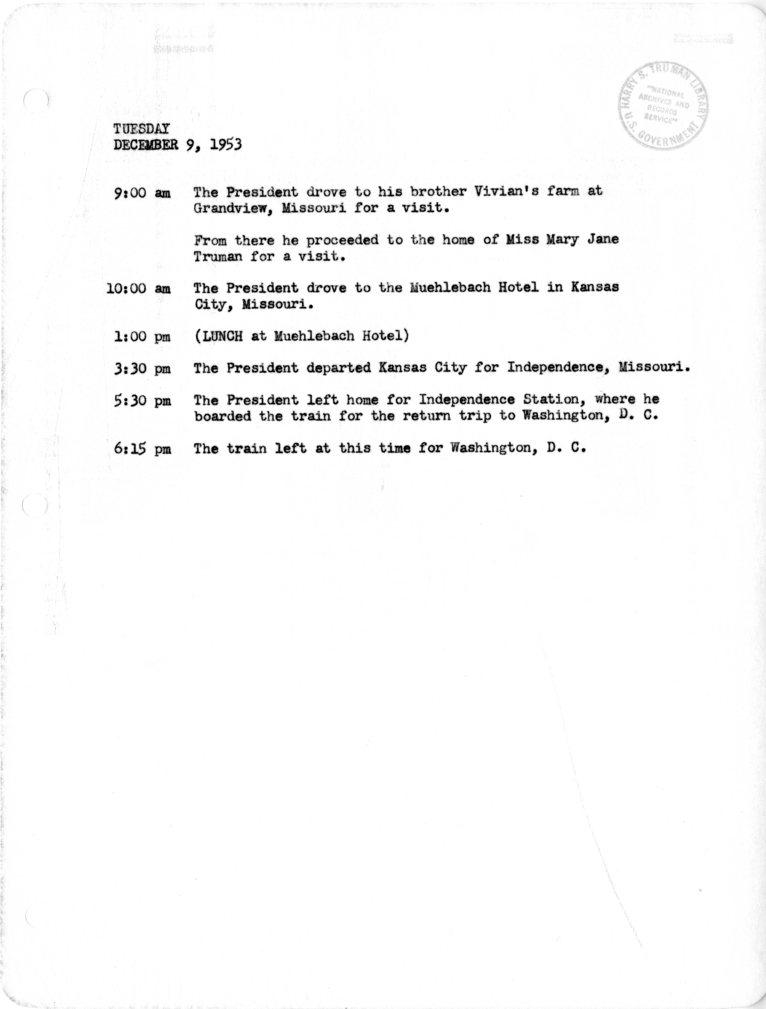 Daily Appointment Sheet for President Harry S. Truman