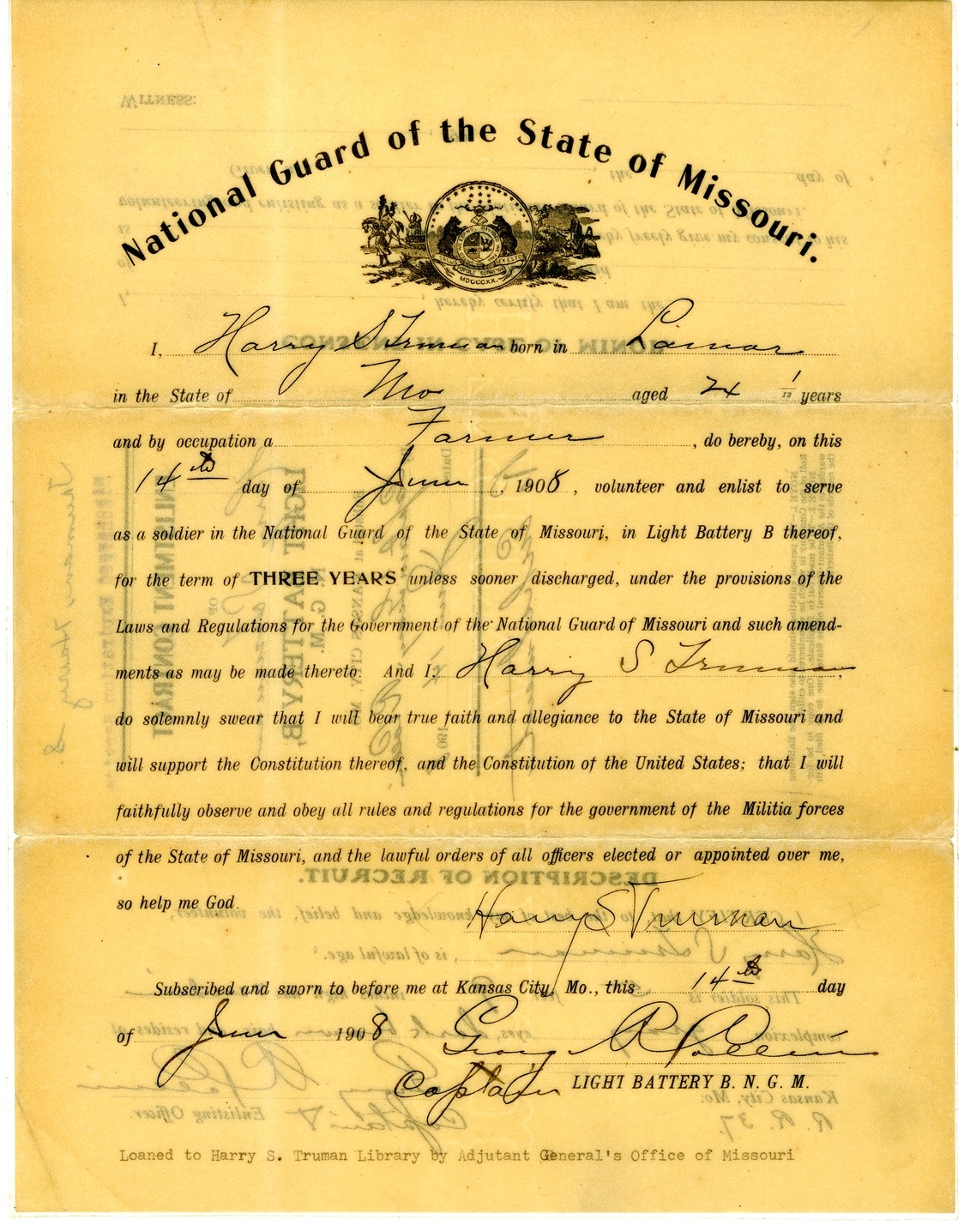 Enlistment Contract in the National Guard of the State of Missouri for Harry S. Truman