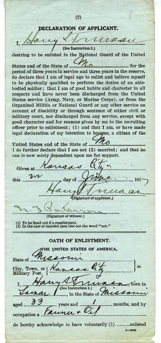 Enlistment Paper in the National Guard of Missouri for Harry S. Truman