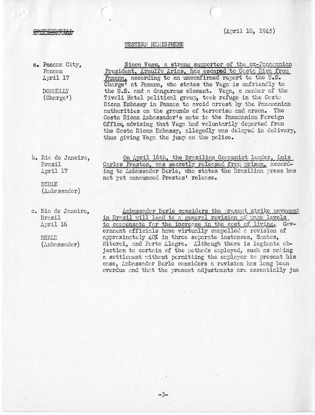 Brief of Telegrams of the Department of State Prepared by Division of Naval Intelligence