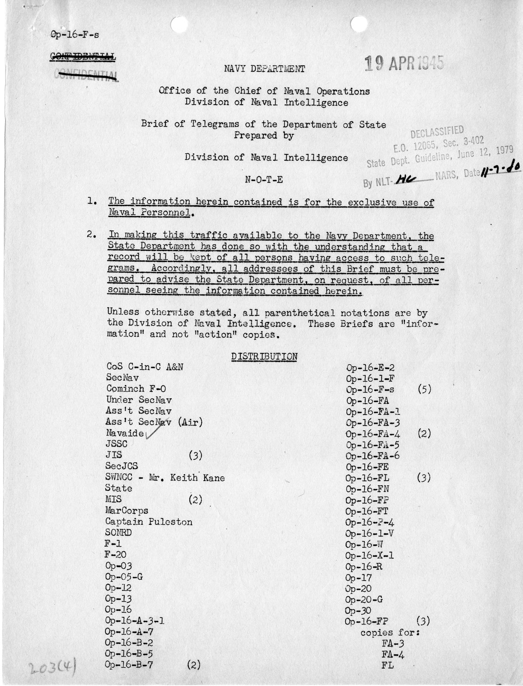 Brief of Telegrams of the Department of State Prepared by Division of Naval Intelligence