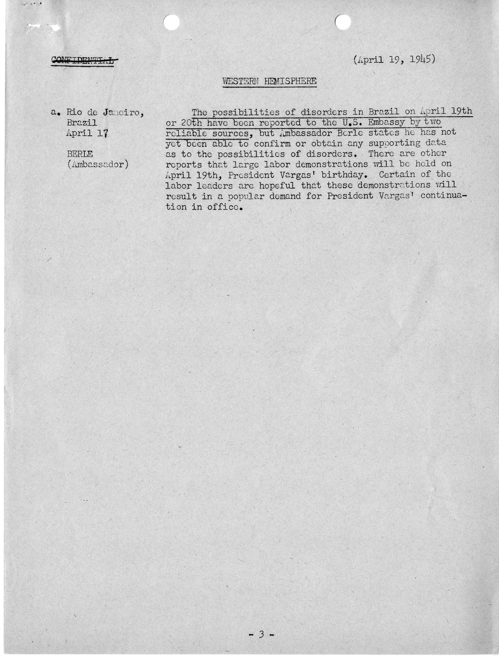 Brief of Telegrams of the Department of State Prepared by Division of Naval Intelligence