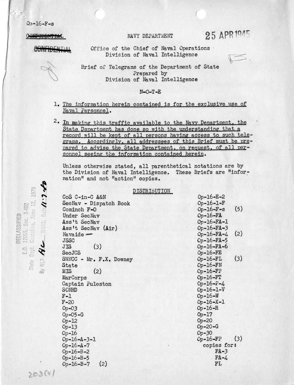 Brief of Telegrams of the Department of State Prepared by Division of Naval Intelligence