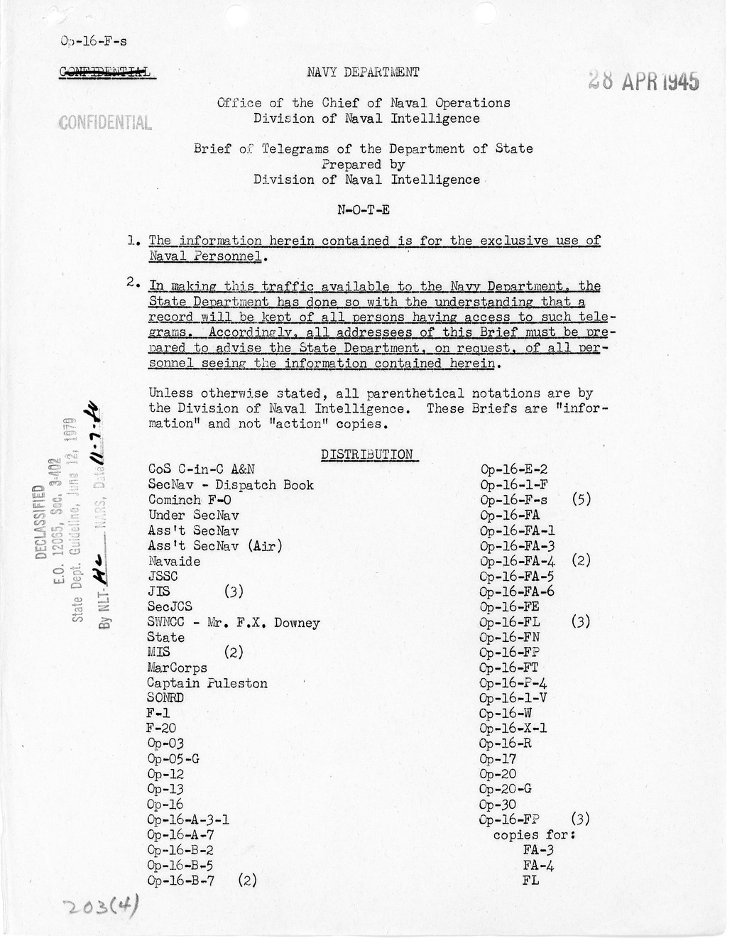 Brief of Telegrams of the Department of State Prepared by Division of Naval Intelligence