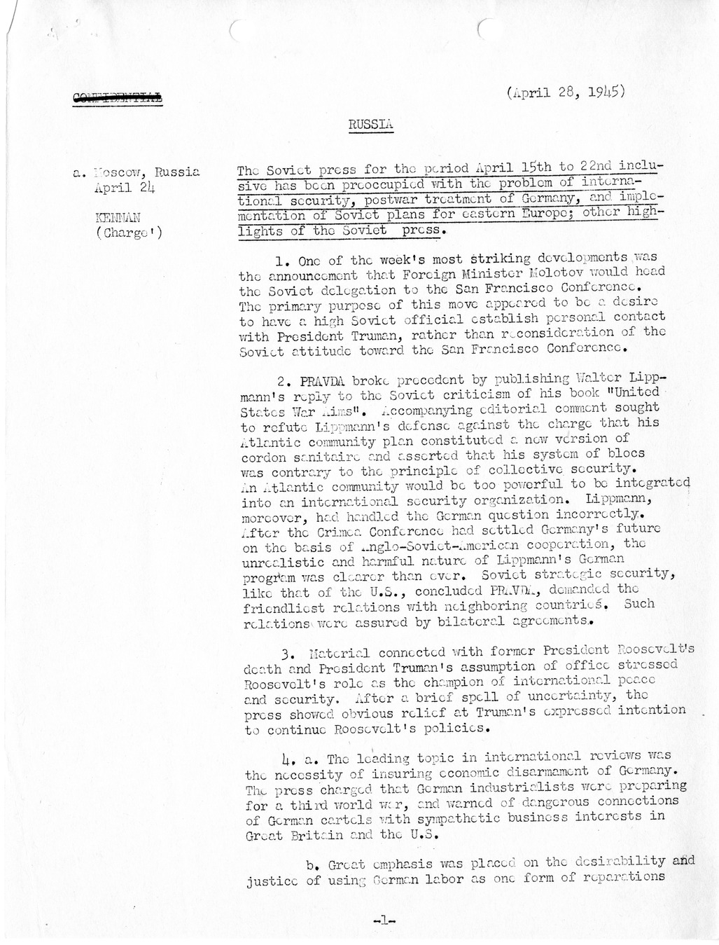 Brief of Telegrams of the Department of State Prepared by Division of Naval Intelligence