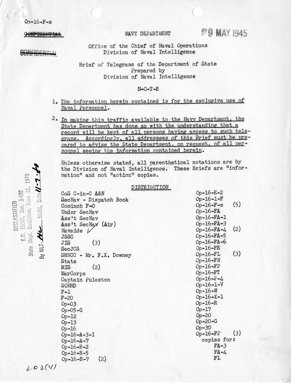 Brief of Telegrams of the Department of State Prepared by Division of Naval Intelligence