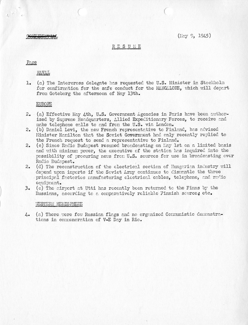 Brief of Telegrams of the Department of State Prepared by Division of Naval Intelligence