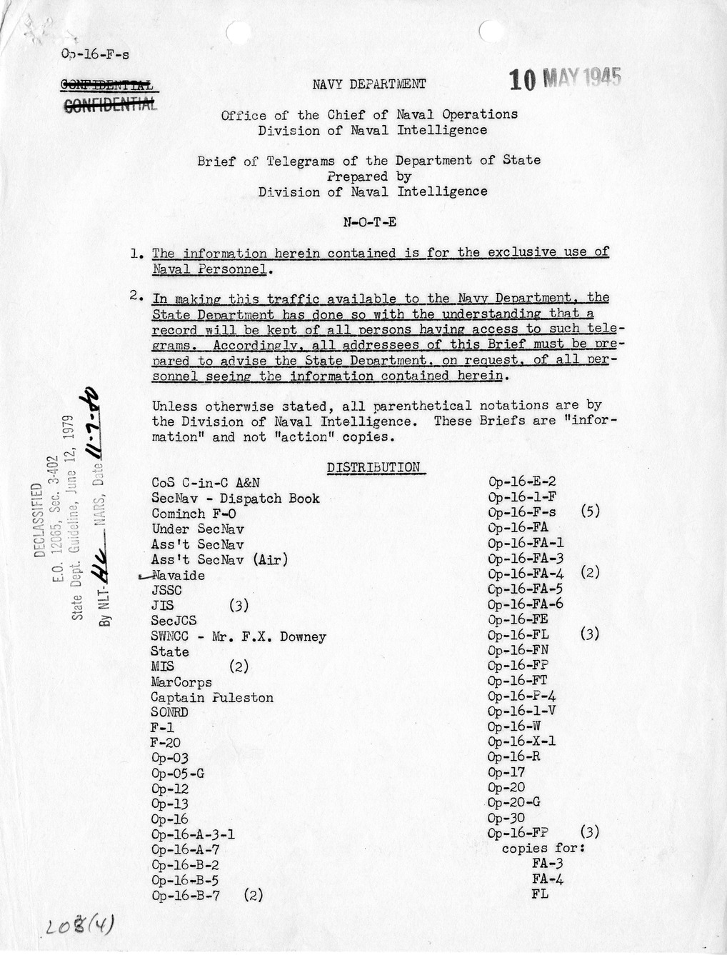 Brief of Telegrams of the Department of State Prepared by Division of Naval Intelligence