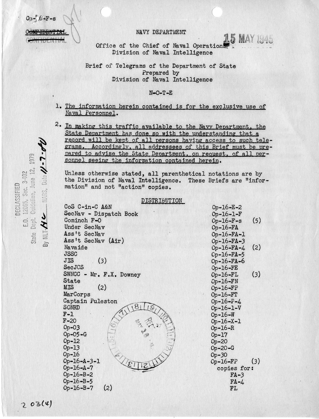 Brief of Telegrams of the Department of State Prepared by Division of Naval Intelligence