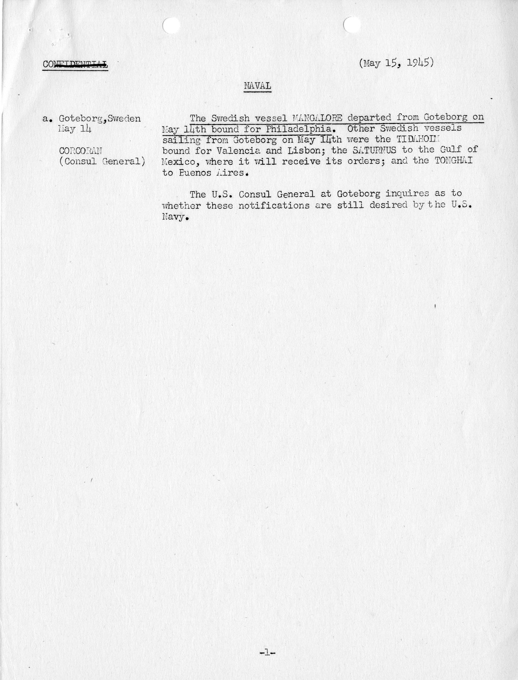 Brief of Telegrams of the Department of State Prepared by Division of Naval Intelligence