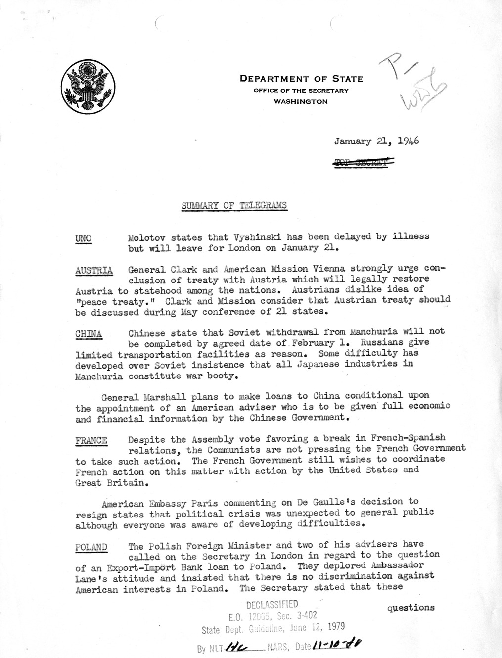 Memorandum, Department of State Summary of Telegrams