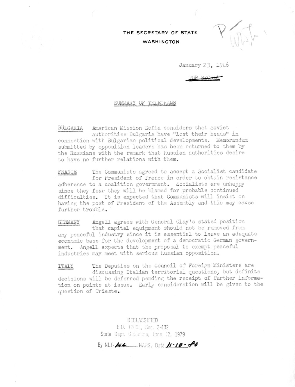 Memorandum, Department of State Summary of Telegrams