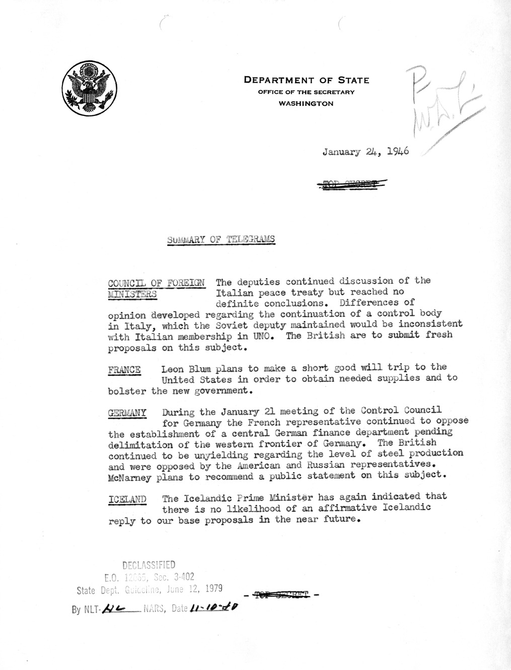 Memorandum, Department of State Summary of Telegrams