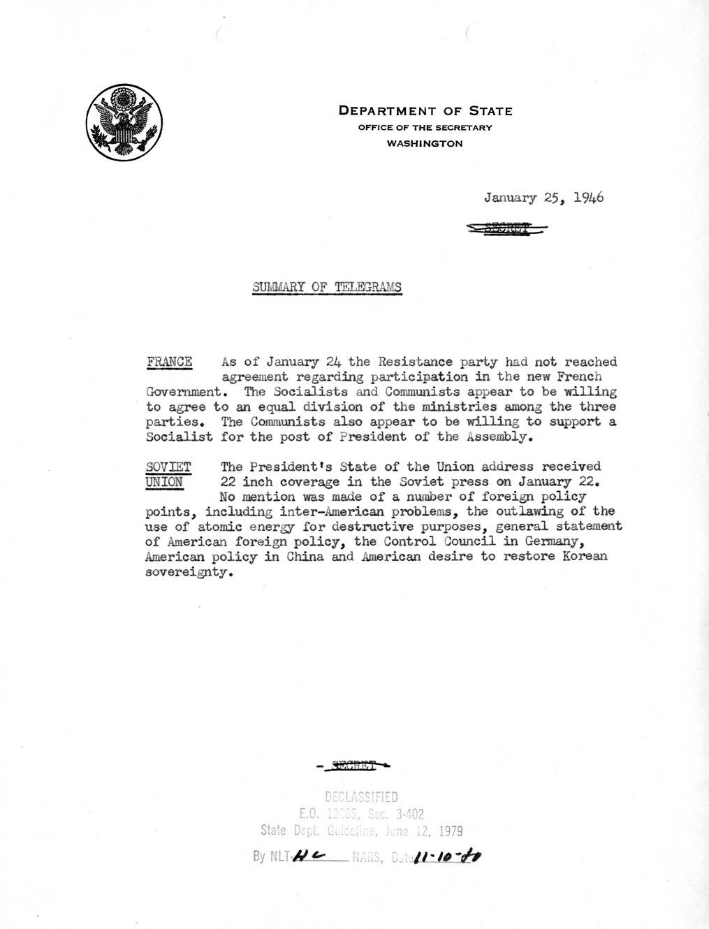 Memorandum, Department of State Summary of Telegrams