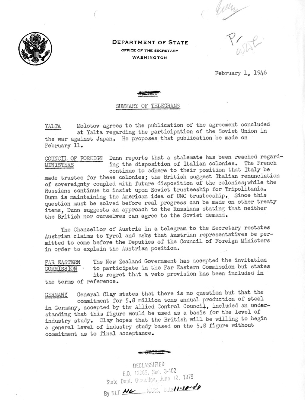 Memorandum, Department of State Summary of Telegrams