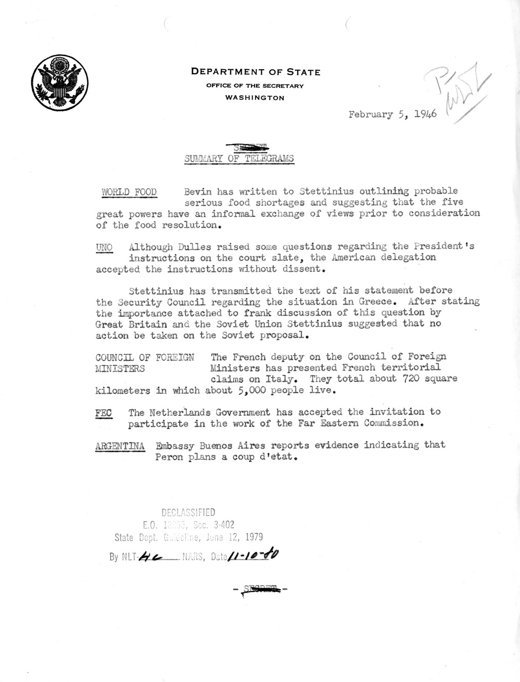 Memorandum, Department of State Summary of Telegrams