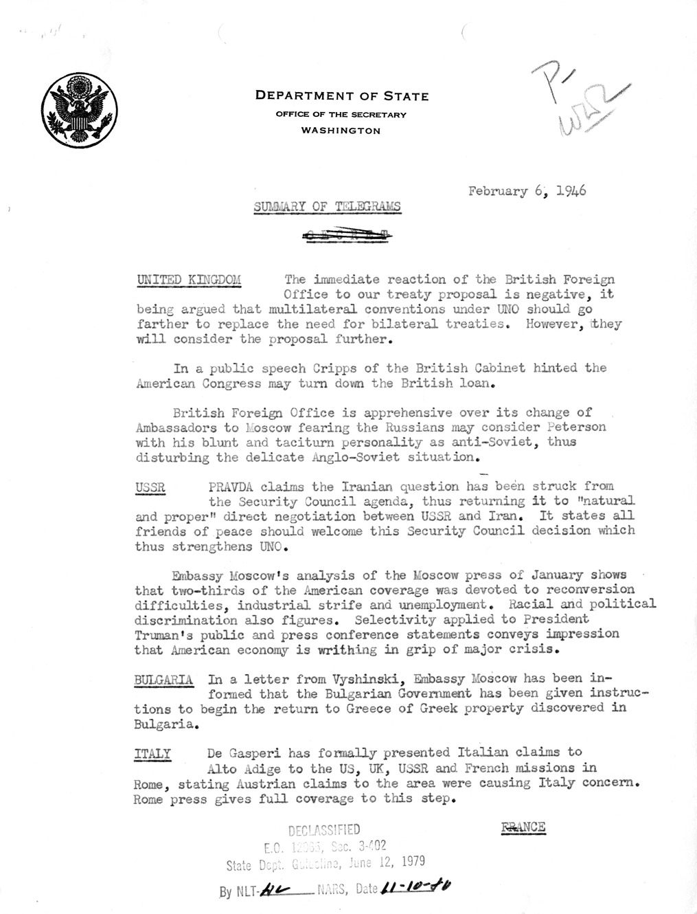 Memorandum, State Department Summary of Telegrams