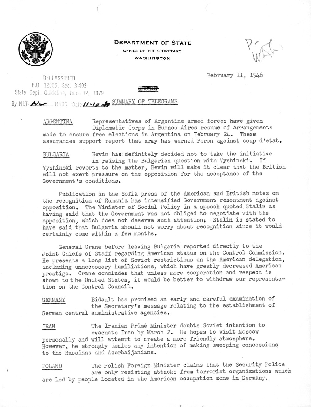 Memorandum, Department of State Summary of Telegrams