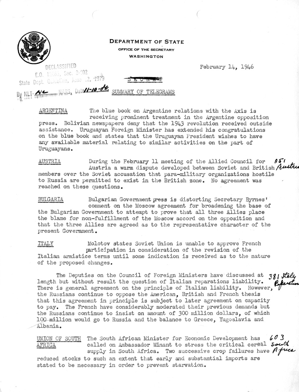 Memorandum, Department of State Summary of Telegrams