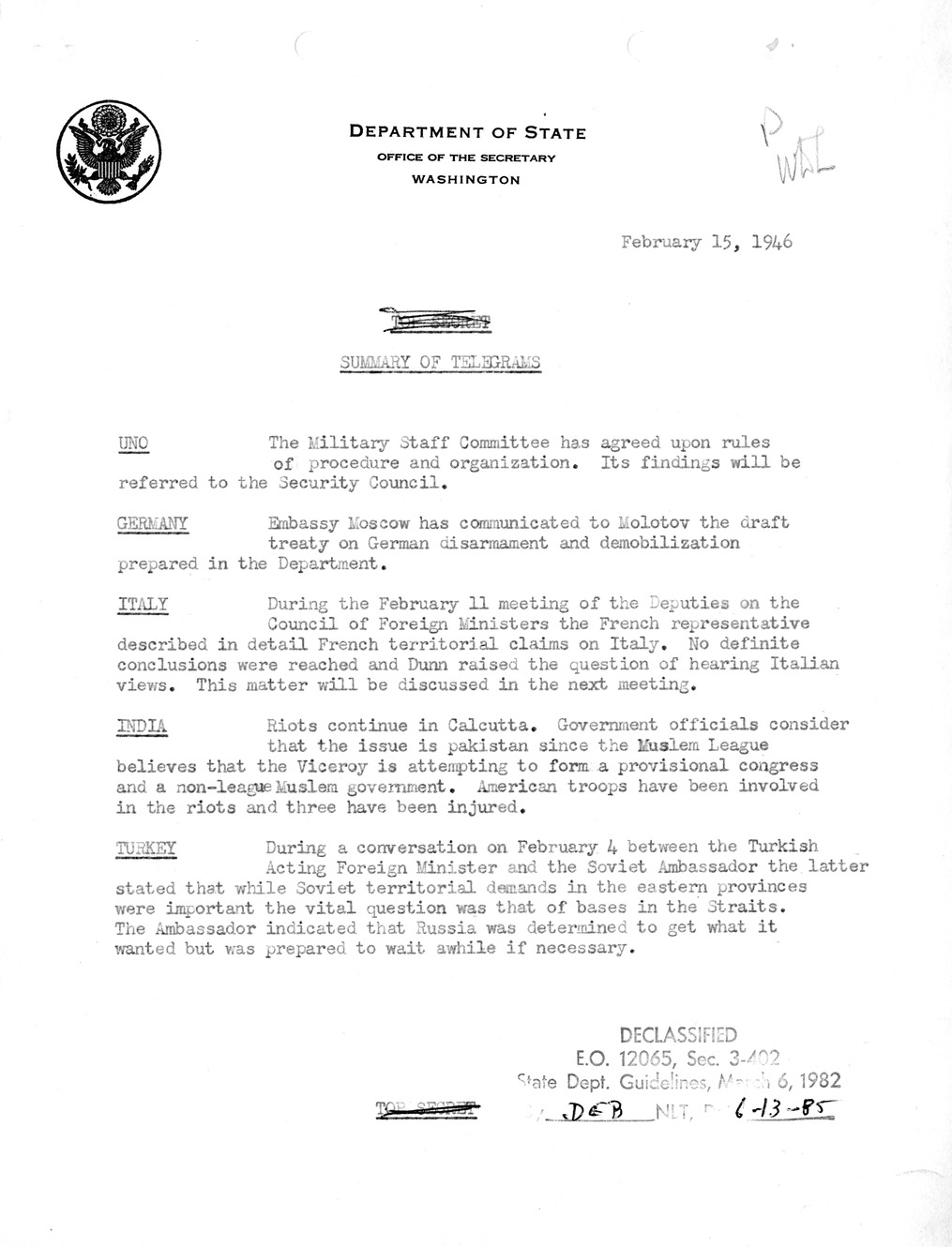 Memorandum, Department of State Summary of Telegrams