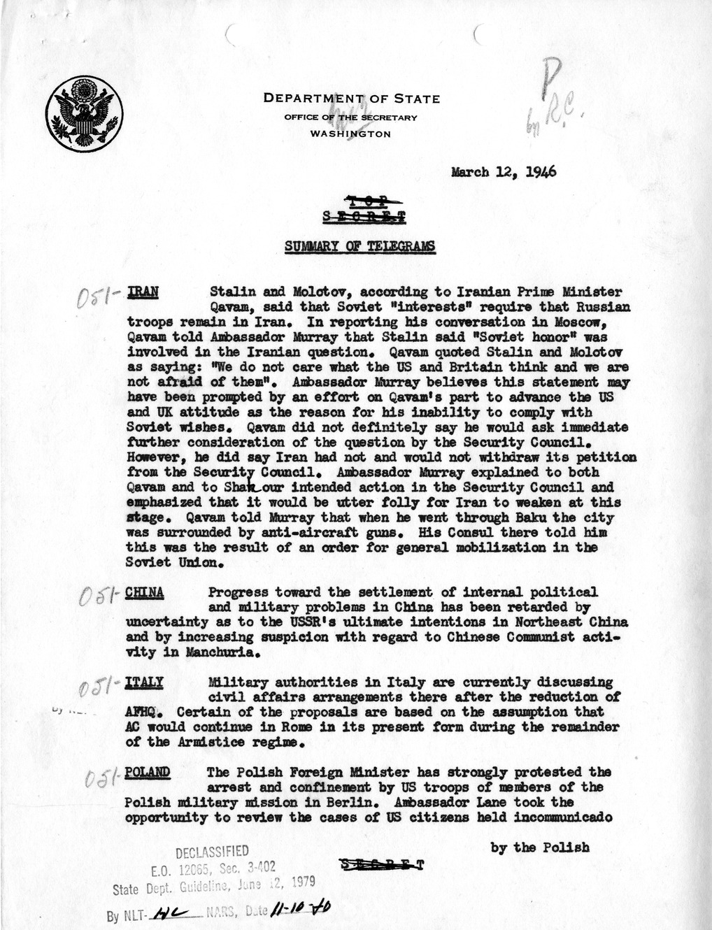 Memorandum, Department of State Summary of Telegrams