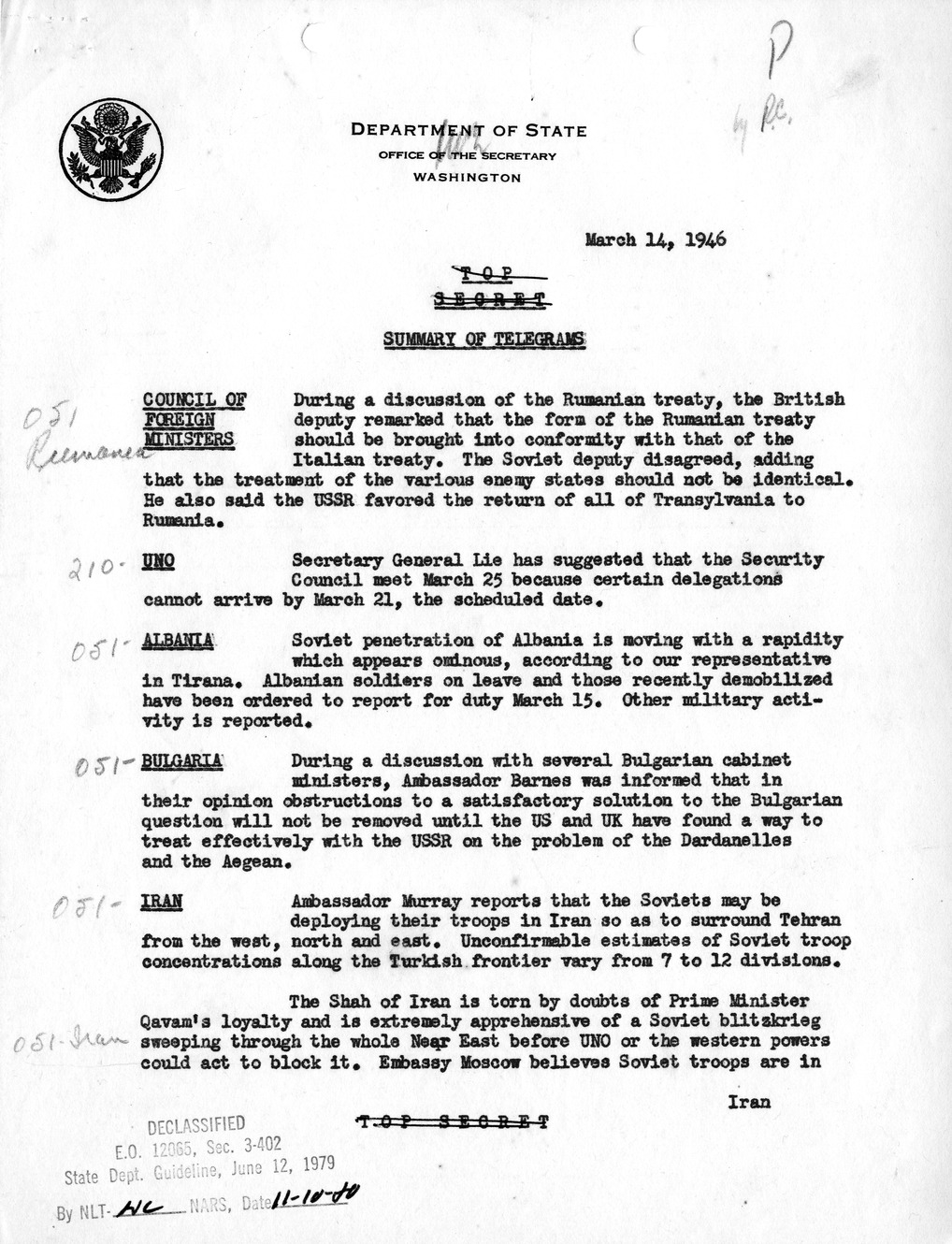 Memorandum, Department of State Summary of Telegrams