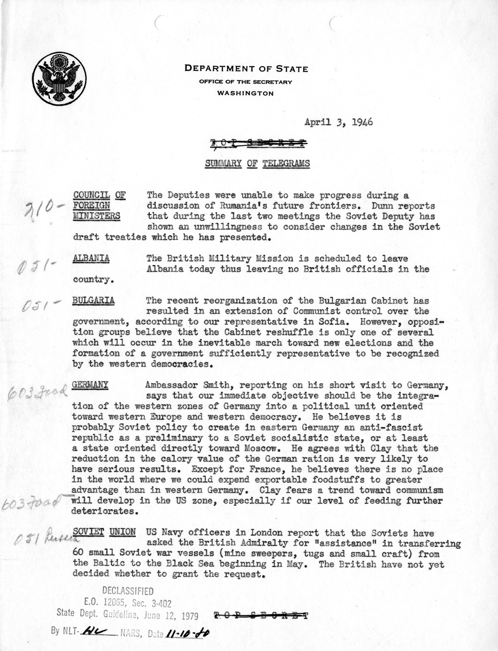 Memoranudm, Department of State - Summary of Telegrams