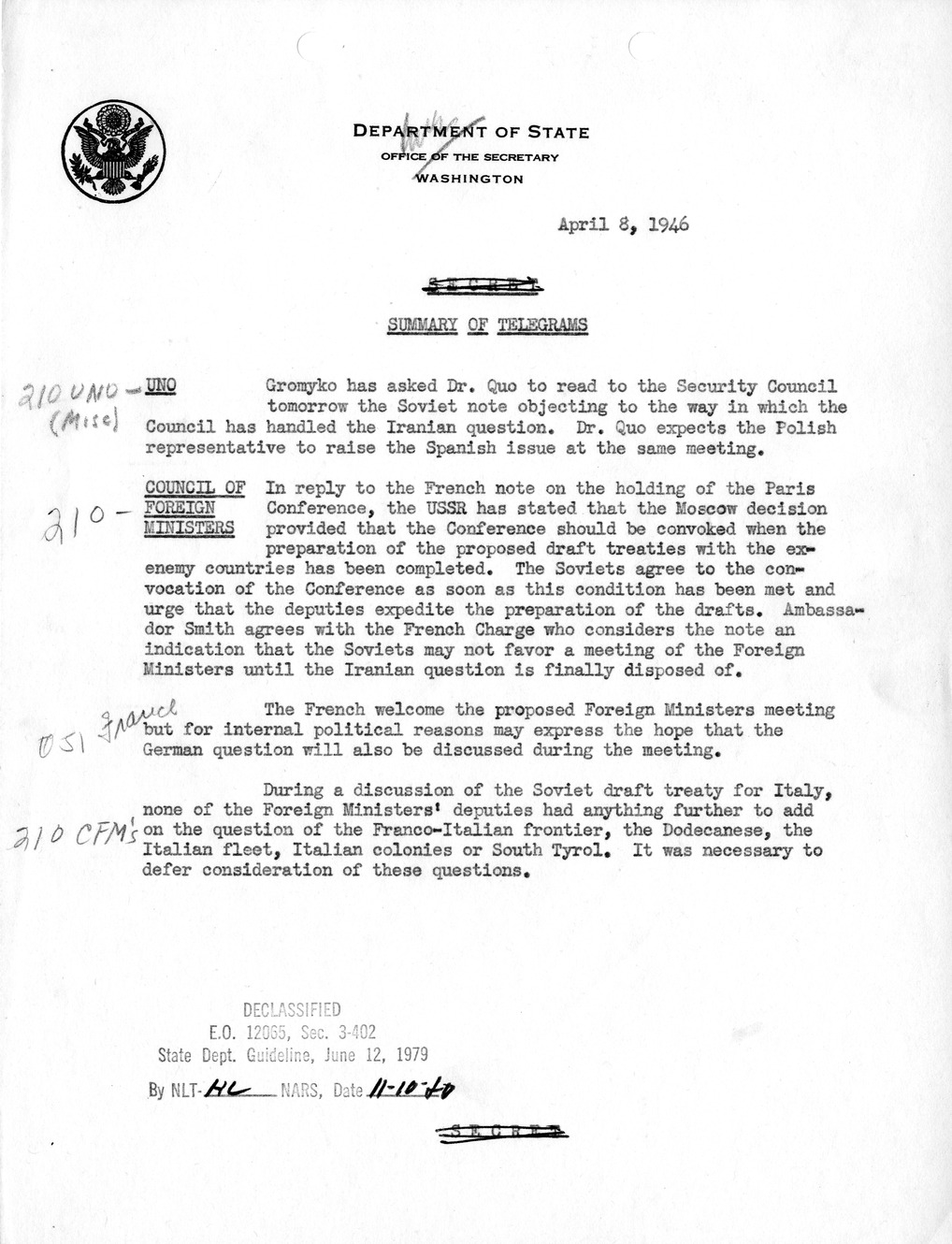 Memorandum, Department of State Summary of Telegrams