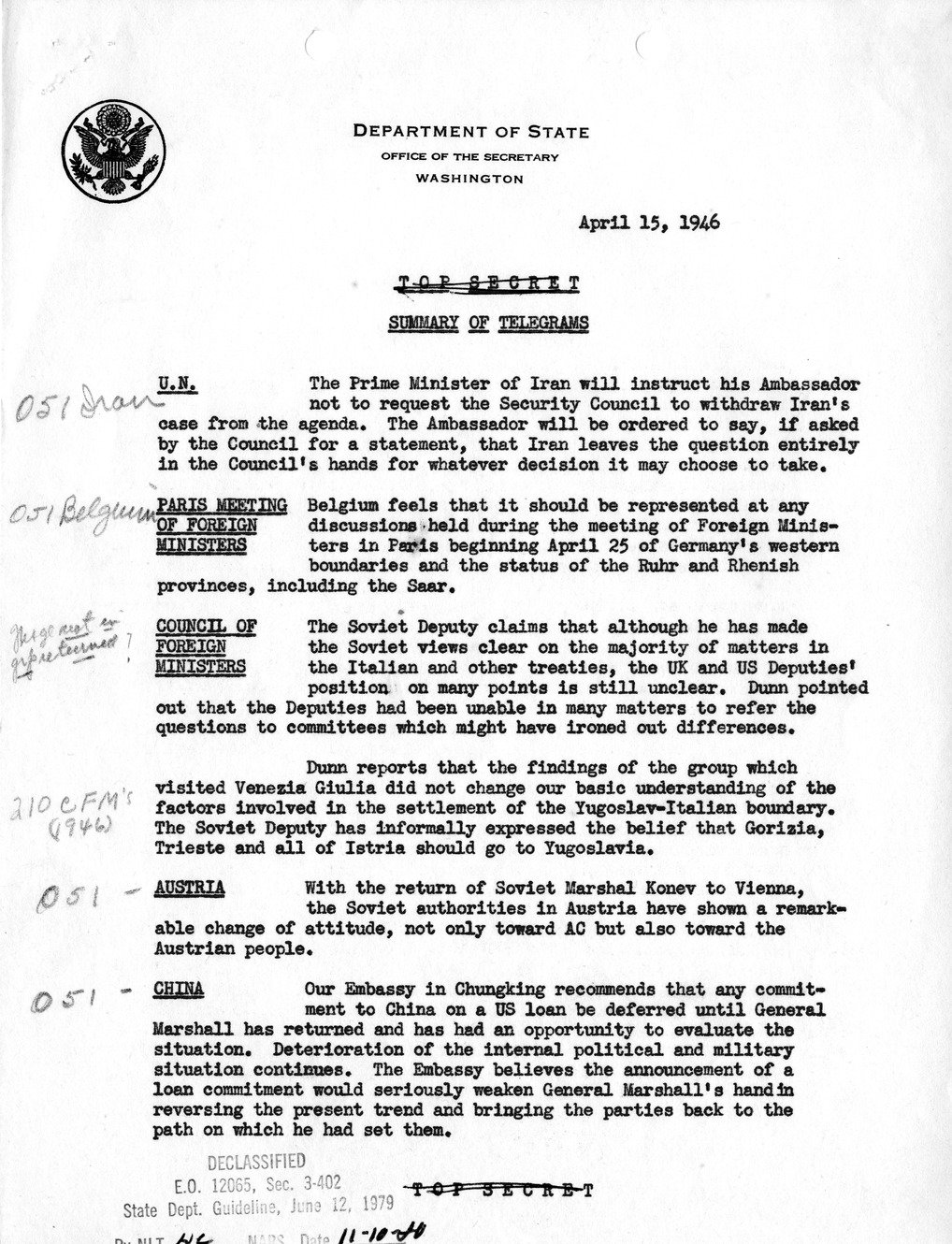 Memorandum, Department of State Summary of Telegrams