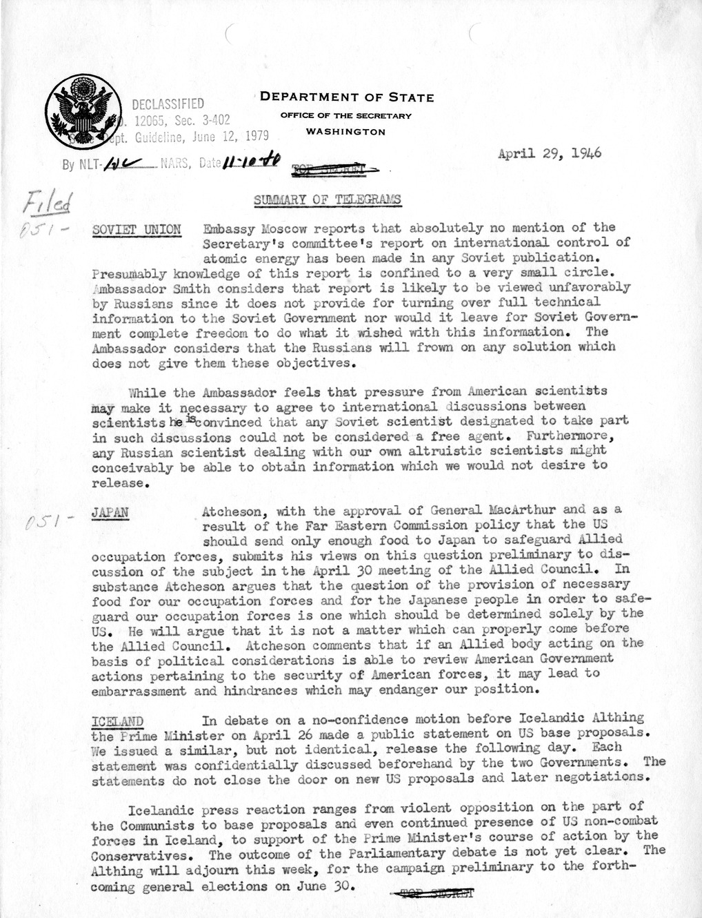 Memorandum, Department of State Summary of Telegrams