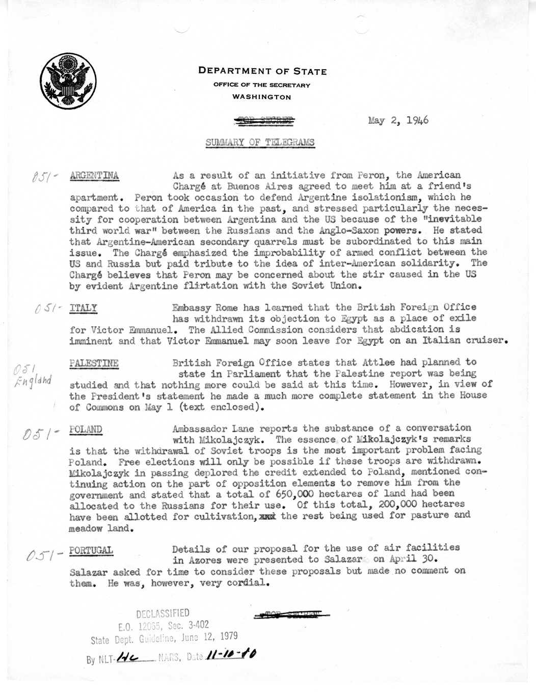 Memorandum, Department of State Summary of Telegrams